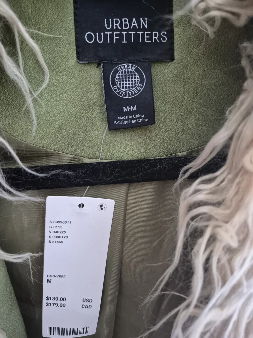 Urban Outfitters Olive Green Faux Suede Jacket with Cream Faux Fur Trim - Picture 2 of 5